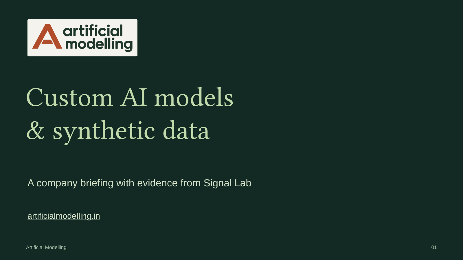 Artificial Modelling pitch deck cover: Custom AI models and synthetic data